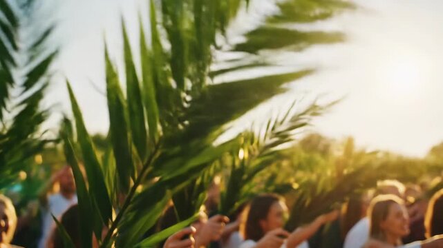 A crowd of people waving palm branches in the sun. Worshippers celebrating the Christian holiday of Palm Sunday. Religious faith and community concept