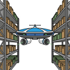 automated scanning drone with laser sensors in warehouse for logistics automation websites, supply chain technology blogs, industrial innovation presentations, and smart storage posters