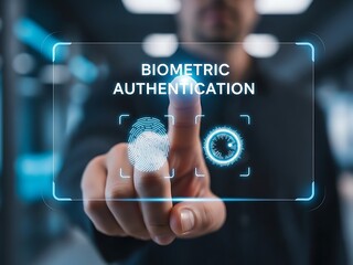 Biometric authentication concept with fingerprint and iris scanning on a virtual screen.
