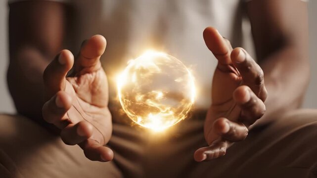 African american man holding, releasing, and regaining glowing energy in his hands. Spirit, magic, and power concept.