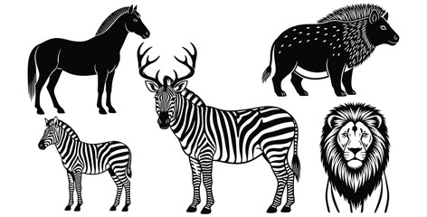 Collection of stylized black and white vector silhouettes featuring various wild animals including horses zebras deer and a majestic lion portrait © Mst Zakia