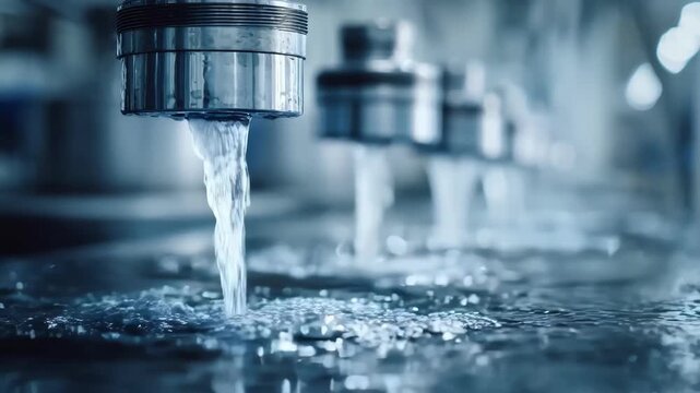 Dynamic medium shot of automated water recycling machinery recapturing rinse water for reuse highlighting green engineering and ecological preservation.