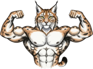 Muscular bobcat flexing muscles isolated on transparent background