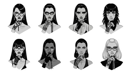 A captivating grid of eight distinct female character portraits, each exuding unique expressions and stylish accessories in monochrome.