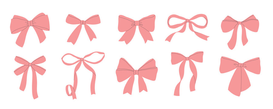 Set of hand drawn pink bows. Design element for greeting card, invitation, poster, banner, gift certificate.