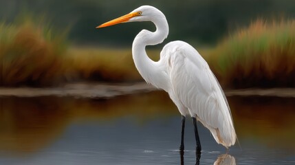 Great egret standing gracefully in tranquil water, showcasing elegant posture and vibrant plumage, surrounded by lush greenery, capturing the essence of serene wildlife photography with copy space
