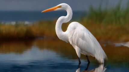 Obraz premium Great egret gracefully standing in tranquil water, showcasing stunning plumage and vibrant beak, surrounded by lush greenery, capturing the essence of nature's beauty and serenity