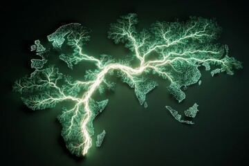 World map formed by glowing green energy lines representing global connection concept