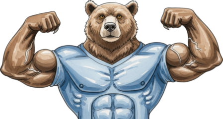 Muscular bear flexing muscles in blue shirt isolated on transparent background