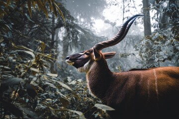Majestic antelope in lush forest environment, showcasing wildlife beauty, natural habitat, wildlife photography, nature conservation focus.