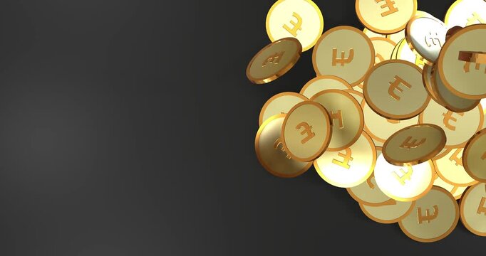 British pound sterling gold coins raining top view, 3d render of GBP currency drop, UK finance concept