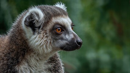 Fototapeta premium Close-up of a lemur with detailed facial features and orange eyes, set against a blurred green background.