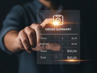 Person's hand interacting with a futuristic digital order summary screen displaying financial details like items, subtotal, taxes, and total in a modern business environment.