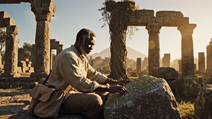 African american man touching ancient stone hieroglyphs in ruins. Time passing and mystery of historical knowledge discovery.
