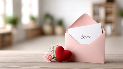 Romantic envelope with love letter cozy indoor setting valentine's day soft pastel colors