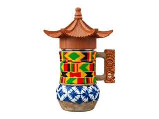 Detailed ceramic coffee pot with traditional african patterns on transparent background
