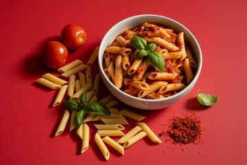 Italian cuisine close-up of delicious penne pasta with tomato sauce against red backdrop