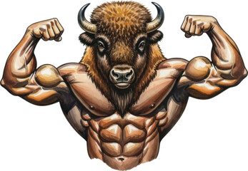 Muscular bison flexing muscles with strength and power isolated on transparent background