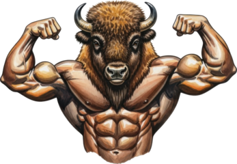 Muscular bison flexing muscles with strength and power isolated on transparent background