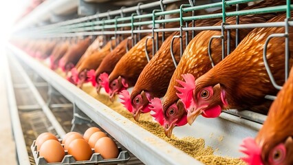 Brown chickens eating feed in modern farm cage, fresh eggs in foreground, poultry farming close-up