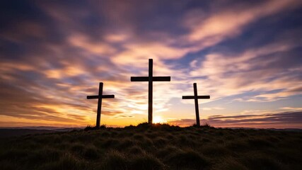 Three crosses on a hill silhouetted against a time-lapse sunrise. The crucifixion of Jesus Christ representing faith, hope, and resurrection. Christian Easter and Good Friday concept