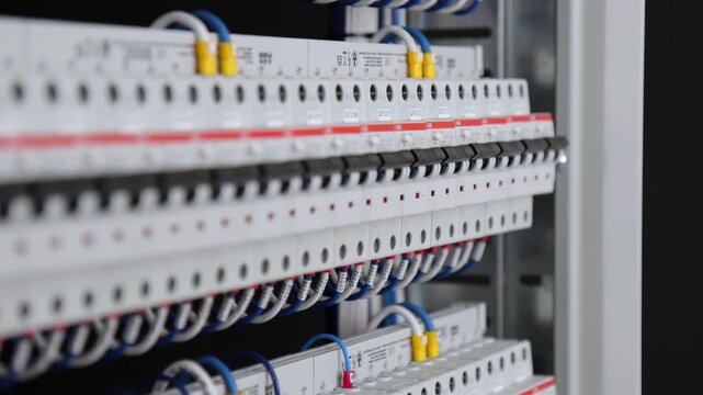 Electrical panel of complex automation, assembled in a customized cabinet. Control of lighting, curtains, thermal heads.