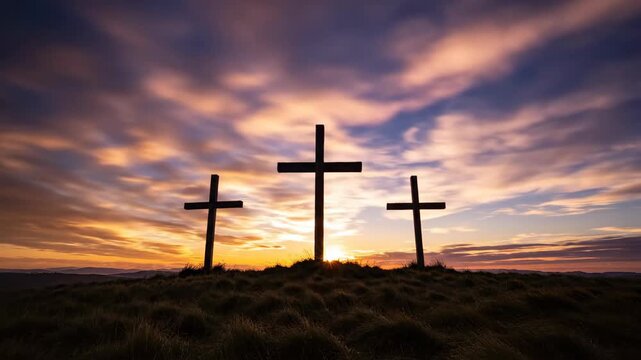 Three crosses on a hill silhouetted against a time-lapse sunrise. The crucifixion of Jesus Christ representing faith, hope, and resurrection. Christian Easter and Good Friday concept