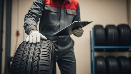 Professional Mechanic in Garage Holding Car Tire & Clipboard - Automotive Service & Repair Expertise