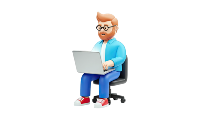 3D Cartoon Man with Beard and Glasses Using Laptop on Office Chair