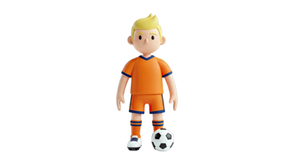 3D Cartoon Soccer Player in Orange Uniform with Ball