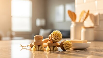 Natural wooden body massage brushes on table in bright kitchen interior, spa wellness tools in domestic home setting