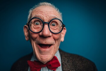 Joyful portrait of an old man studio photography indoor close-up humor