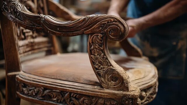 Craftsman carefully refinishing a Victorian chair revealing intricate wood carvings and restoring its rich warm patina in a traditional workshop