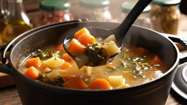 Cooking healthy vegetable soup in kitchen. Fresh organic ingredients create delicious and nutritious meal. Aromatic flavors fill air, inviting warmth and comfort.