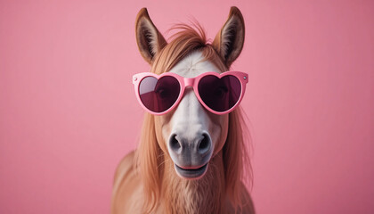 Funny horse wearing heart shaped pink sunglasses portrait on pink background smiling with playful