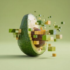 Close-up of pixelized cubic avocado in a minimalist digital art transformation studio