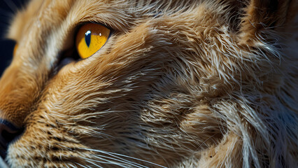 Artistic Close Up Profile of a Ginger Cat with Vibrant Blue and Purple Colorful Fur Highlights, Macro Shot of a Domestic Feline with Golden Eyes and Detailed Whiskers on a Dark Abstract Background.