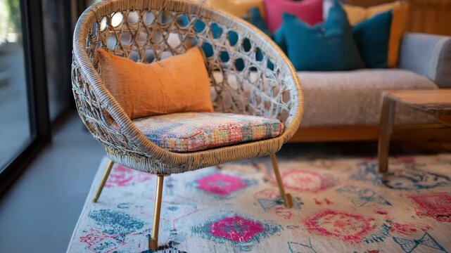 Bohemianinspired retro chair with colorful woven patterns and soft cushions capturing a relaxed artistic vibe in a cozy indoor space.