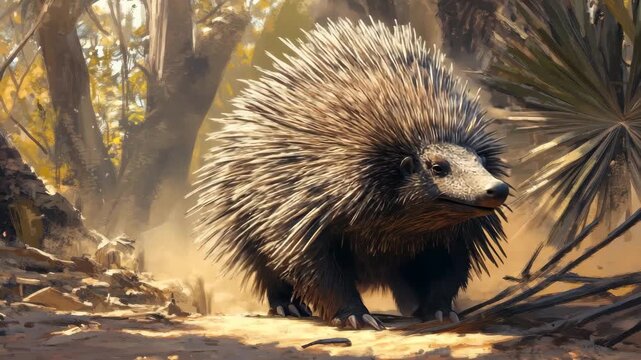 African porcupine explores its natural habitat during a sunny afternoon in the wild, African Porcupine