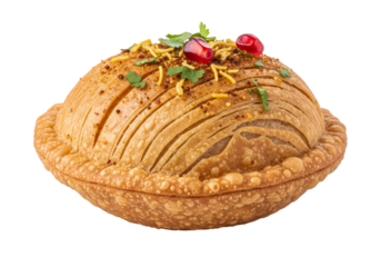 golden round lattice pie with pistachio garnish and festive toppings