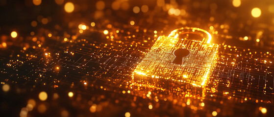 Premium commercial stock cybersecurity visual, mocha brown background with amber gold glow, 4D golden lock with rich metallic texture and depth illusion, warm digital finance backdrop, copy space on t