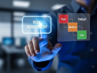 Person's hand activating a glowing 'RISK ASSESSMENT' button on a digital interface, with a corresponding threat level chart indicating high, medium, and low risks in a modern business environment.