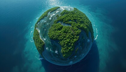 Futuristic Earth illustration showing forest-covered continents, glowing blue oceans, and digital light networks in space, symbolizing sustainability, advanced technology, and global connectivity