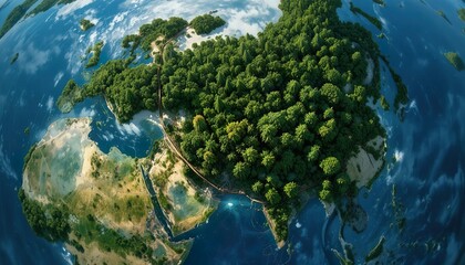 Futuristic Earth illustration showing forest-covered continents, glowing blue oceans, and digital light networks in space, symbolizing sustainability, advanced technology, and global connectivity