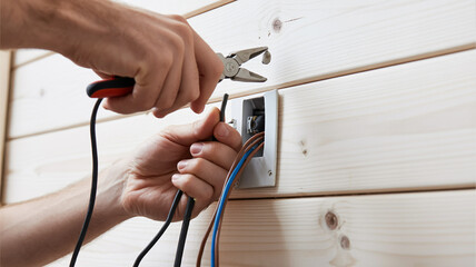 Professional electrician hands installing multicolored wires with blue pliers on light pine wood wall, natural daylight, detailed craftsmanship, home renovation, electrical safety, close-up side view.
