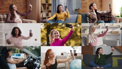 A vibrant collection showcases women from diverse backgrounds capturing selfies in cozy indoor spaces, outdoor settings, and even while driving, highlighting moments of joy and connection.