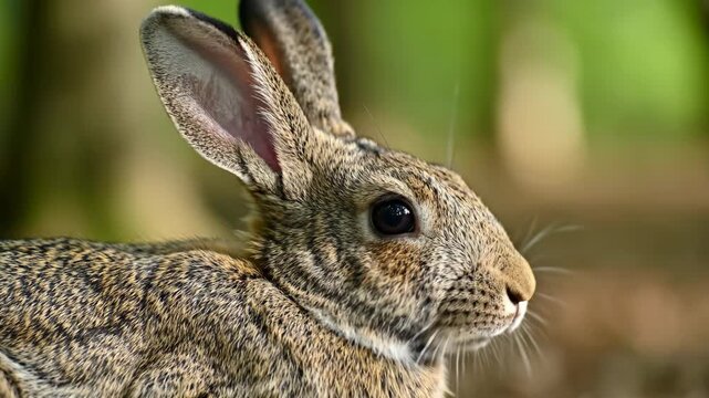 Close-up of a wild rabbit's head in profile. A cute brown bunny with twitching whiskers watches in a forest. Wildlife in its natural habitat and Easter concept
