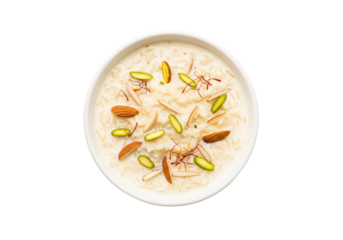 rabri dessert with saffron threads and pistachios in bowl