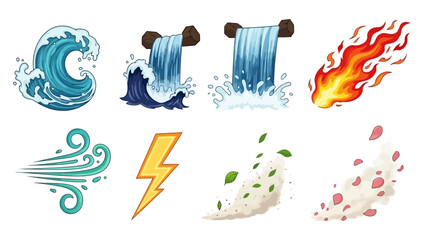 Collection of Natural Elements Icons Water, Fire, Wind, Earth, and Lightning Illustrations