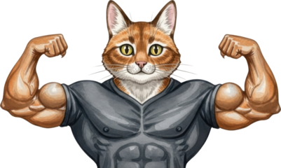 Strong cat flexing muscles in gray shirt isolated on transparent background